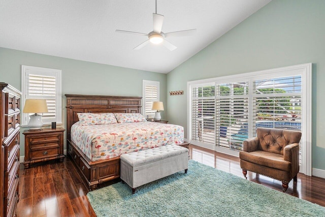 bedroom with access to outside, ceiling fan, high vaulted ceiling, and dark wood-type flooring