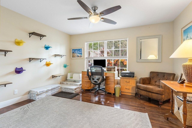 home office with dark hardwood / wood-style flooring and ceiling fan