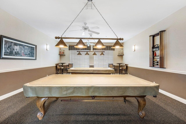 recreation room with carpet flooring, ceiling fan, and pool table