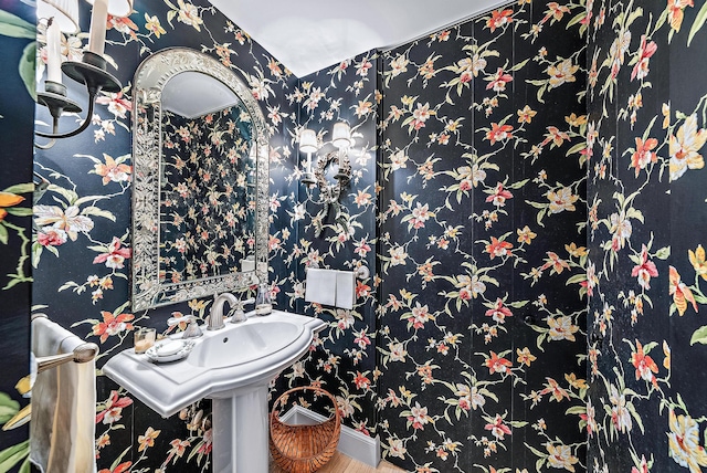 bathroom with hardwood / wood-style floors