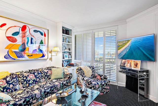 living room with a healthy amount of sunlight, built in features, and ornamental molding