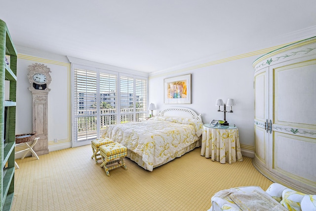 carpeted bedroom with ornamental molding