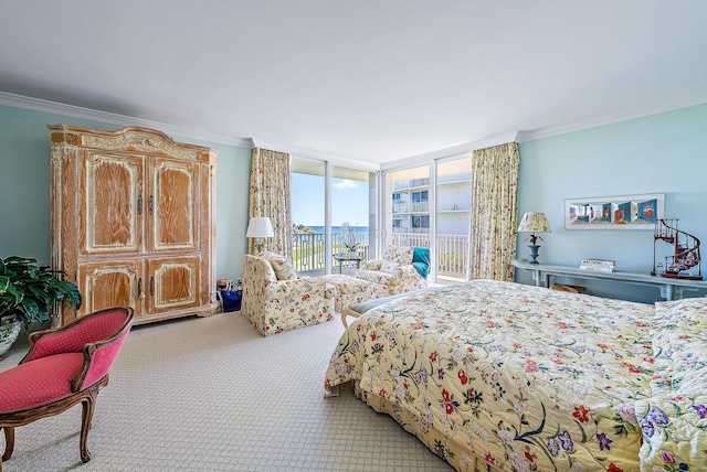 bedroom with access to exterior, crown molding, expansive windows, and light colored carpet