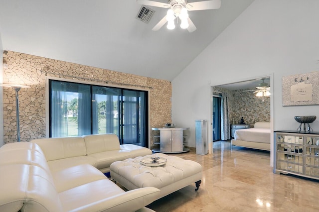 6136 SE Georgetown Pl, Hobe Sound, FL 33455 - living room featuring ceiling fan, high vaulted ceiling, and marble tiled flooring