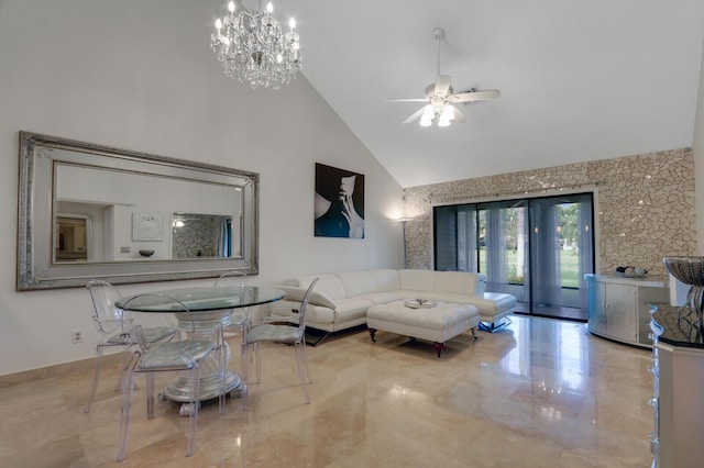 6136 SE Georgetown Pl, Hobe Sound, FL 33455 - living area featuring high vaulted ceiling, a ceiling fan, and a chandelier
