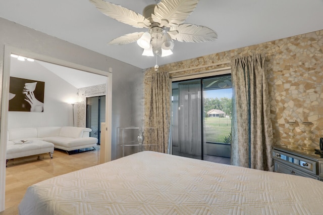 bedroom with hardwood / wood-style floors, ceiling fan, access to outside, and vaulted ceiling