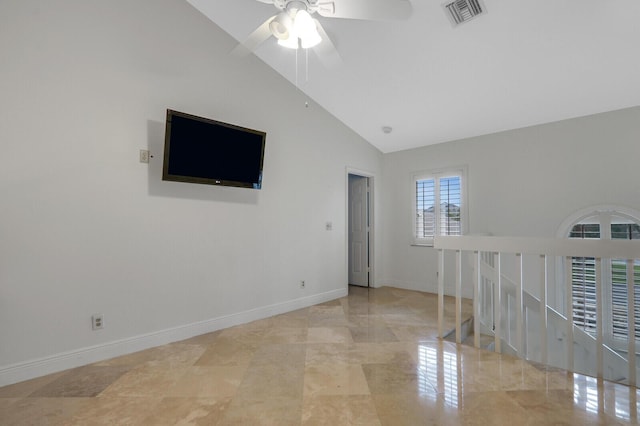 6136 SE Georgetown Pl, Hobe Sound, FL 33455 - unfurnished room with a ceiling fan, baseboards, and high vaulted ceiling