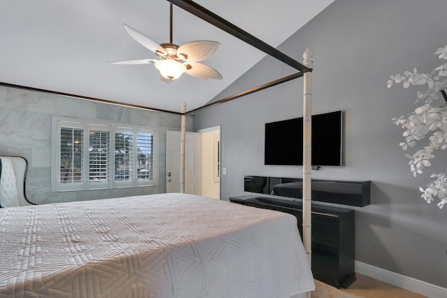 6136 SE Georgetown Pl, Hobe Sound, FL 33455 - bedroom with high vaulted ceiling, baseboards, and a ceiling fan