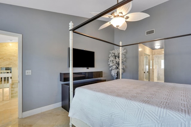 tiled bedroom with ceiling fan