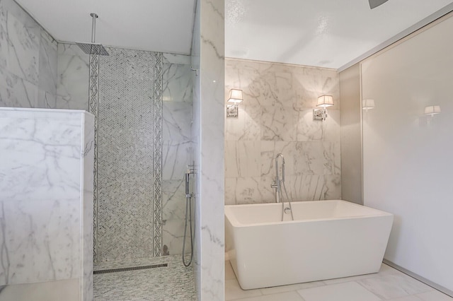 6136 SE Georgetown Pl, Hobe Sound, FL 33455 - full bathroom with a marble finish shower, a soaking tub, marble finish flooring, and tile walls