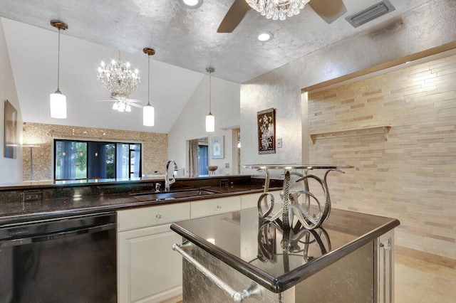 kitchen with ceiling fan with notable chandelier, sink, black dishwasher, and vaulted ceiling