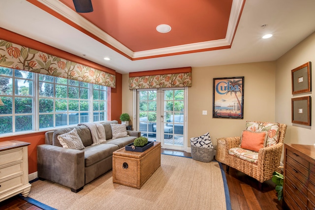 living room featuring wood-type flooring, french doors, and a tray ceiling