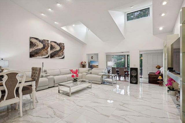 living room with a high ceiling