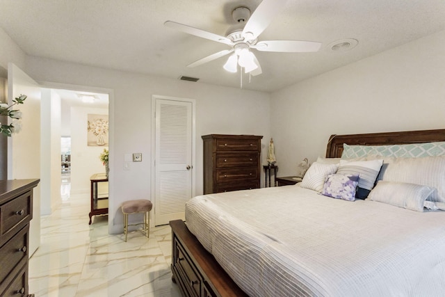 bedroom featuring ceiling fan and a closet