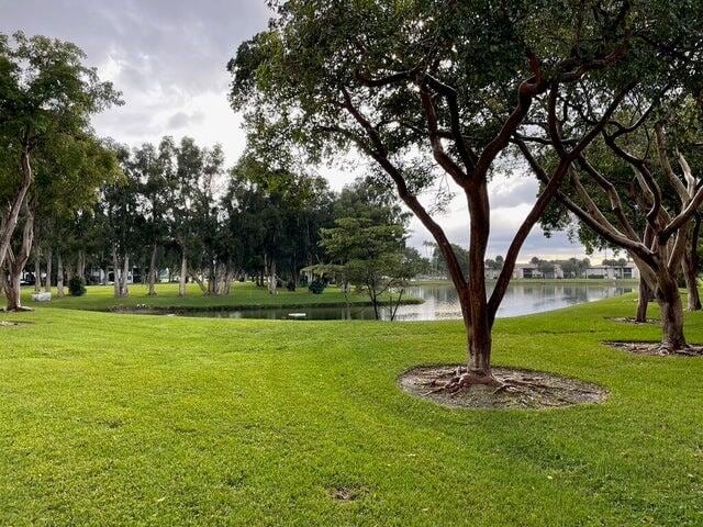 view of property's community with a lawn and a water view