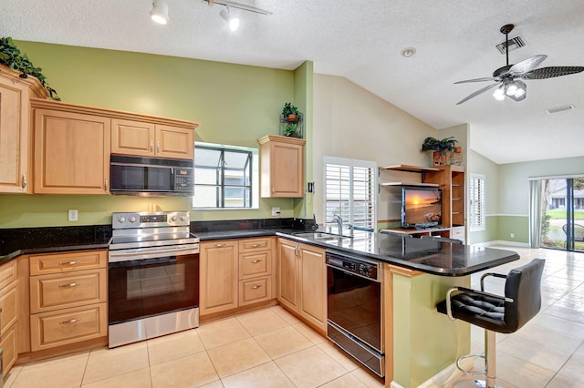 kitchen featuring ceiling fan, sink, a textured ceiling, vaulted ceiling, and black appliances