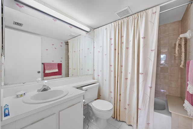 full bathroom with tile patterned flooring, vanity, toilet, and shower / tub combo with curtain