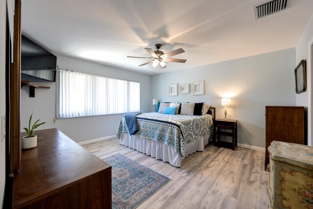 bedroom with ceiling fan and light wood-type flooring