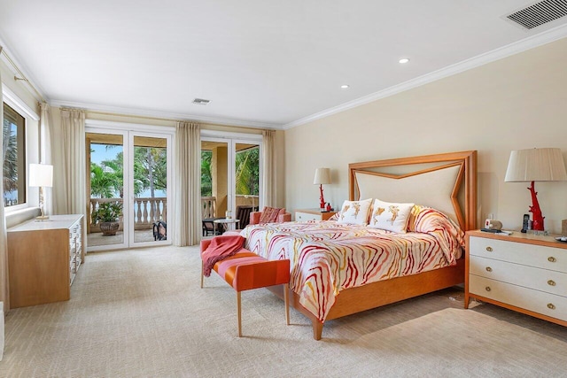 bedroom with access to exterior, crown molding, and light carpet