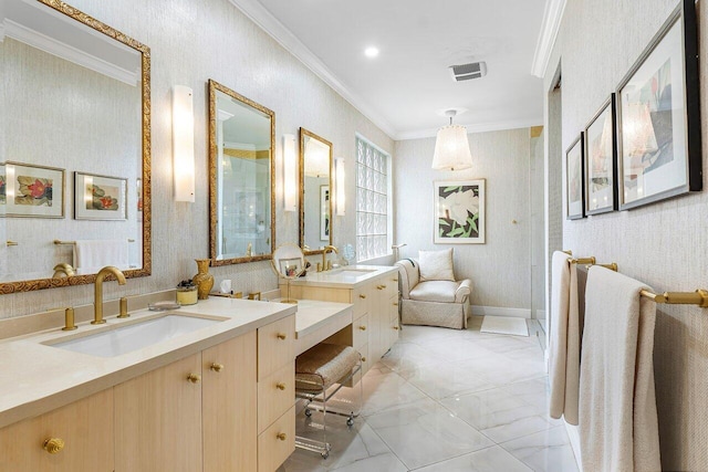 bathroom with vanity and crown molding