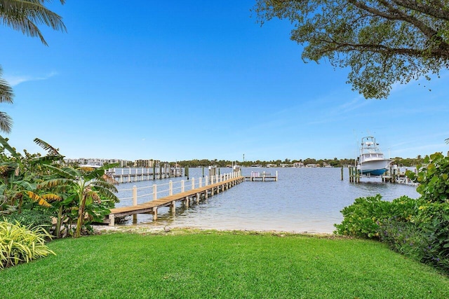 view of dock featuring a water view and a yard