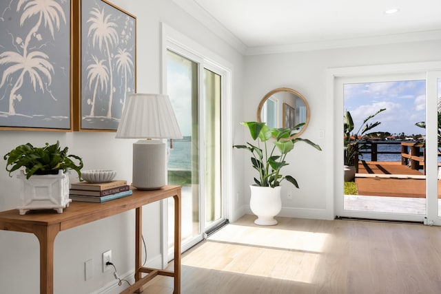 entryway with a water view, ornamental molding, and light hardwood / wood-style floors