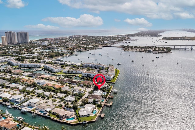 drone / aerial view featuring a water view