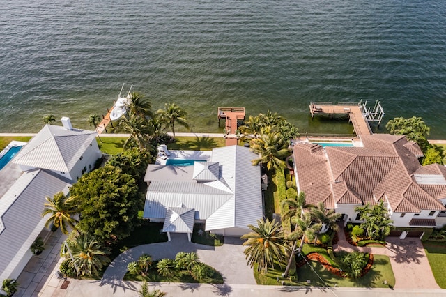 drone / aerial view featuring a water view