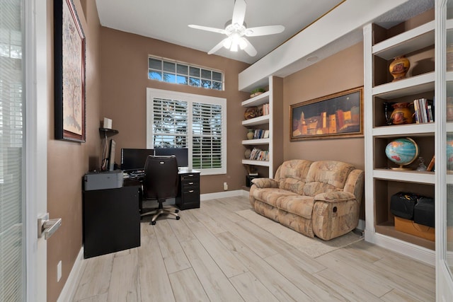 home office with ceiling fan and light hardwood / wood-style floors