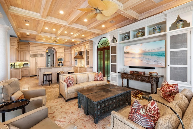 living room featuring coffered ceiling, wood ceiling, and ornamental molding