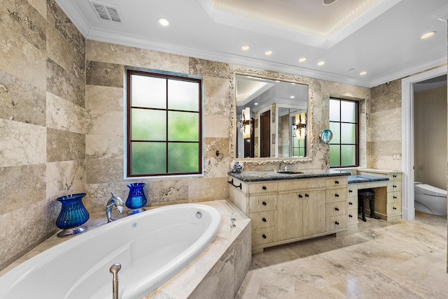 bathroom with a relaxing tiled tub, toilet, tile walls, and crown molding