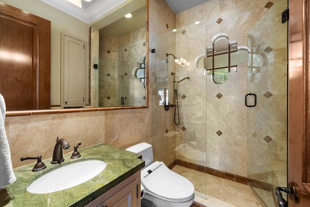 bathroom featuring walk in shower, toilet, tile walls, ornamental molding, and vanity