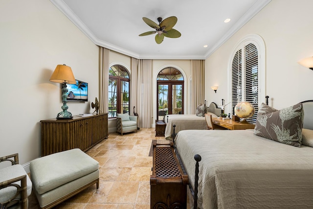 bedroom with crown molding, access to exterior, ceiling fan, and french doors