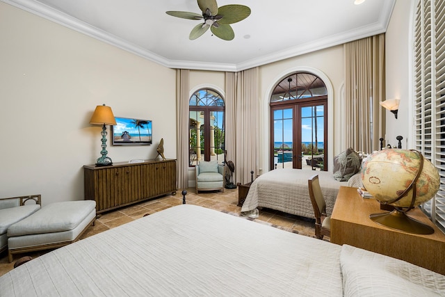 bedroom with ornamental molding, access to outside, ceiling fan, and french doors