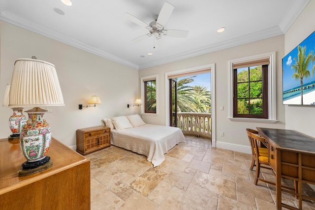 bedroom featuring ceiling fan, ornamental molding, and access to outside