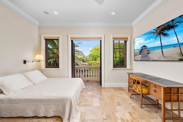 bedroom featuring access to exterior and ornamental molding