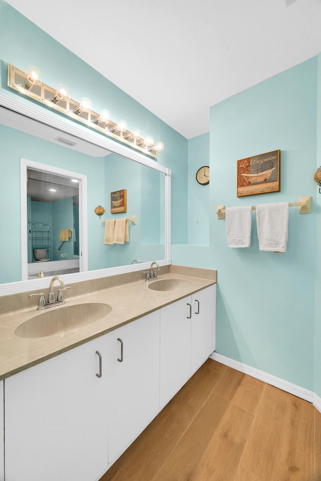 bathroom with hardwood / wood-style flooring and vanity