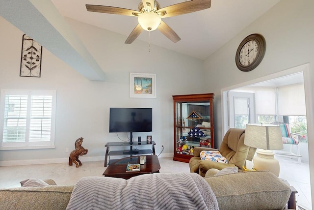 living room featuring light carpet, high vaulted ceiling, and ceiling fan