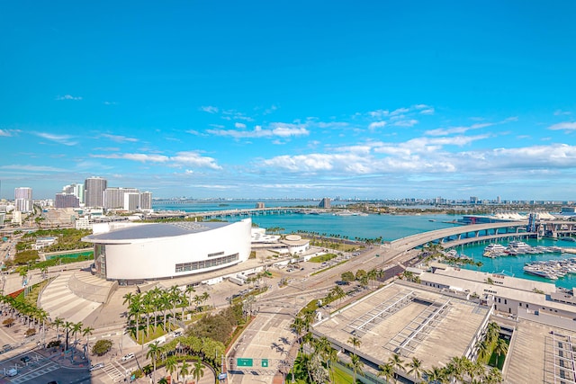 birds eye view of property featuring a water view