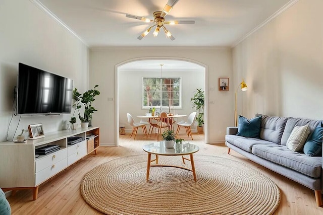 living room featuring ceiling fan, light wood-type flooring, and ornamental molding