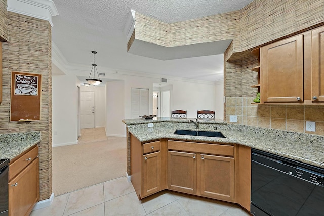 kitchen featuring dishwasher, light carpet, sink, light stone counters, and kitchen peninsula