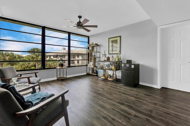 living area featuring ceiling fan and dark hardwood / wood-style floors