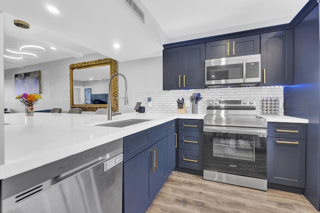 kitchen with sink, stainless steel appliances, tasteful backsplash, pendant lighting, and light wood-type flooring