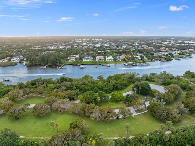 drone / aerial view featuring a water view