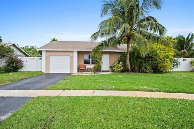 ranch-style house featuring a front yard and a garage