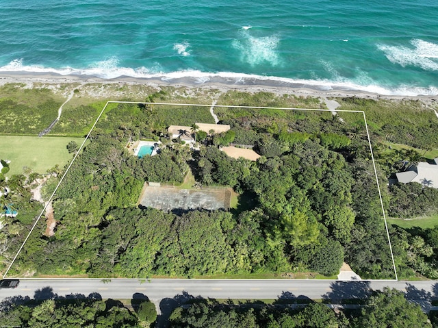 drone / aerial view with a water view and a view of the beach