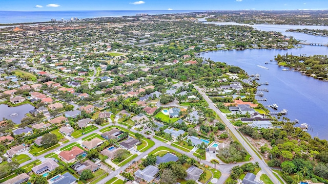 drone / aerial view with a water view