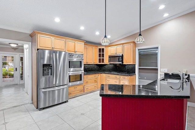 kitchen with sink, crown molding, vaulted ceiling, light tile patterned floors, and appliances with stainless steel finishes