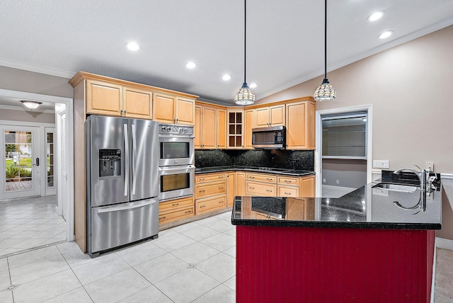 kitchen with sink, crown molding, light tile patterned floors, stainless steel appliances, and decorative backsplash