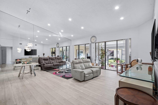 living room with a textured ceiling, plenty of natural light, vaulted ceiling, and light hardwood / wood-style flooring